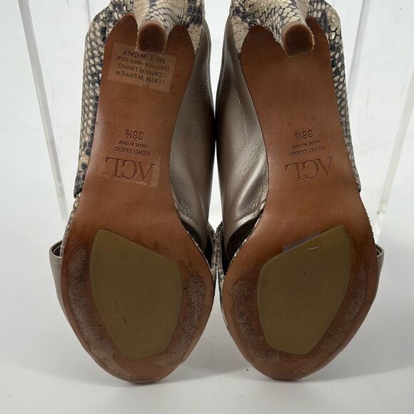 AGL Snakeskin‎ Peep Toe Slip-On Heeled Strappy Sandal Brown Gold 38.5/8 - Picture 8 of 11